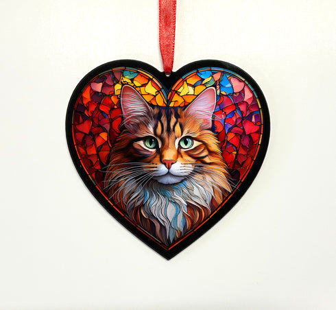 Maine Coon Cat Stained Glass Effect Heart Suncatcher